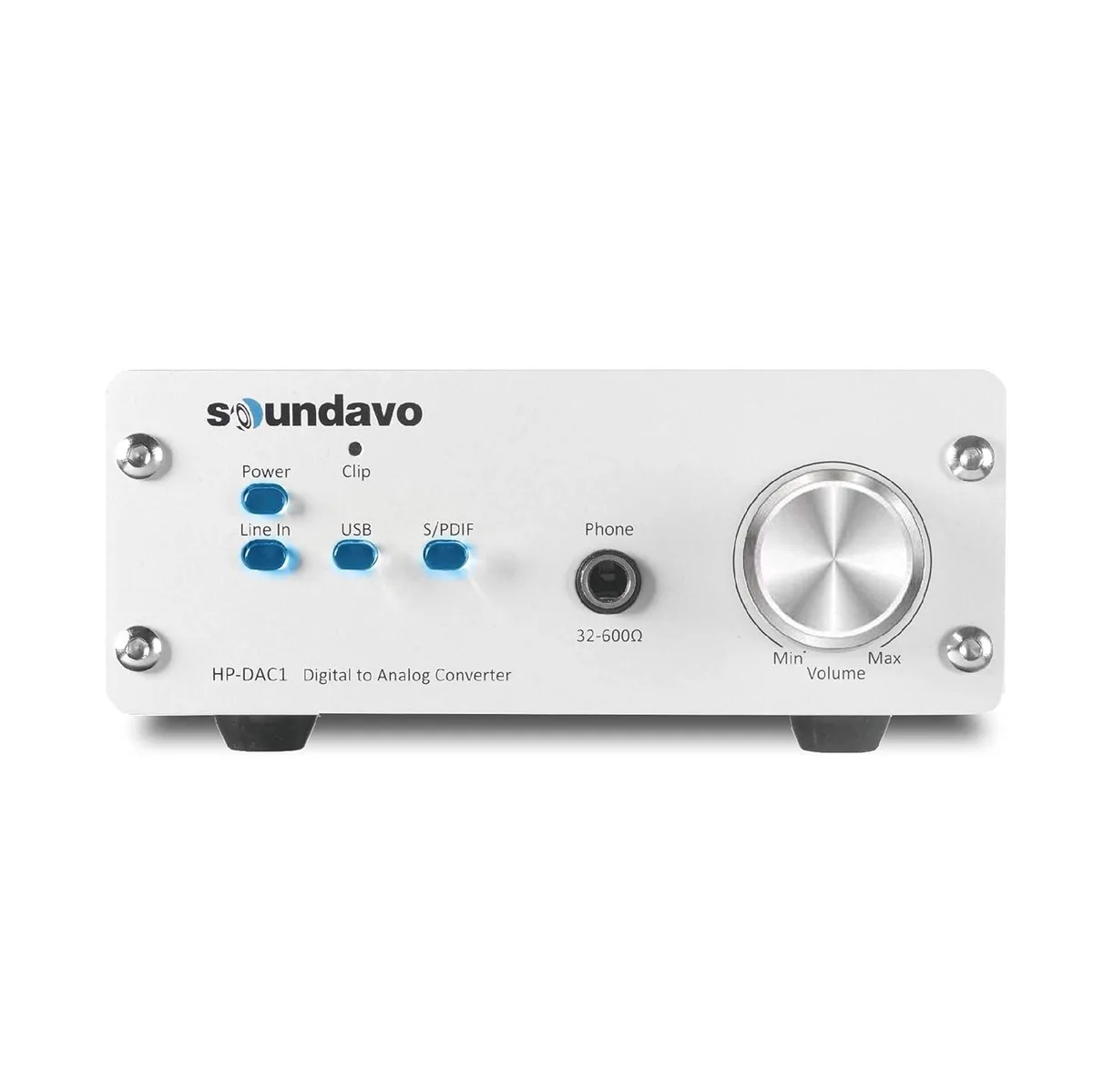 Compact black DAC with front input buttons and headphone jack