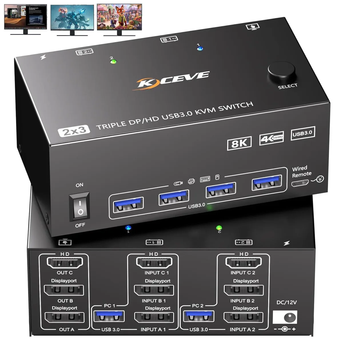 IHDAPP IHDAPP KC203DH KVM Switch 2 Computers 3 Monitors 8K@60Hz 4 USB 3.0 — product photo