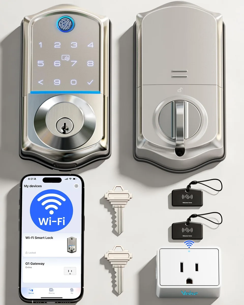 Satin nickel keyless entry lock with touchscreen keypad and fingerprint reader