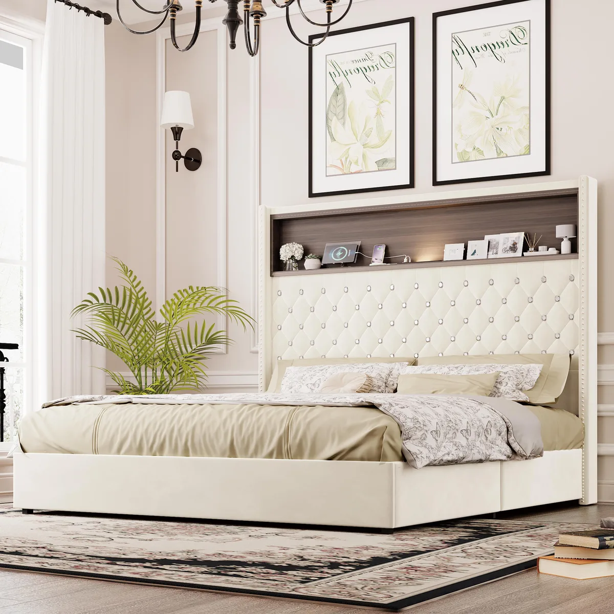 Beige velvet queen bed frame with tall tufted headboard and wing-back sides