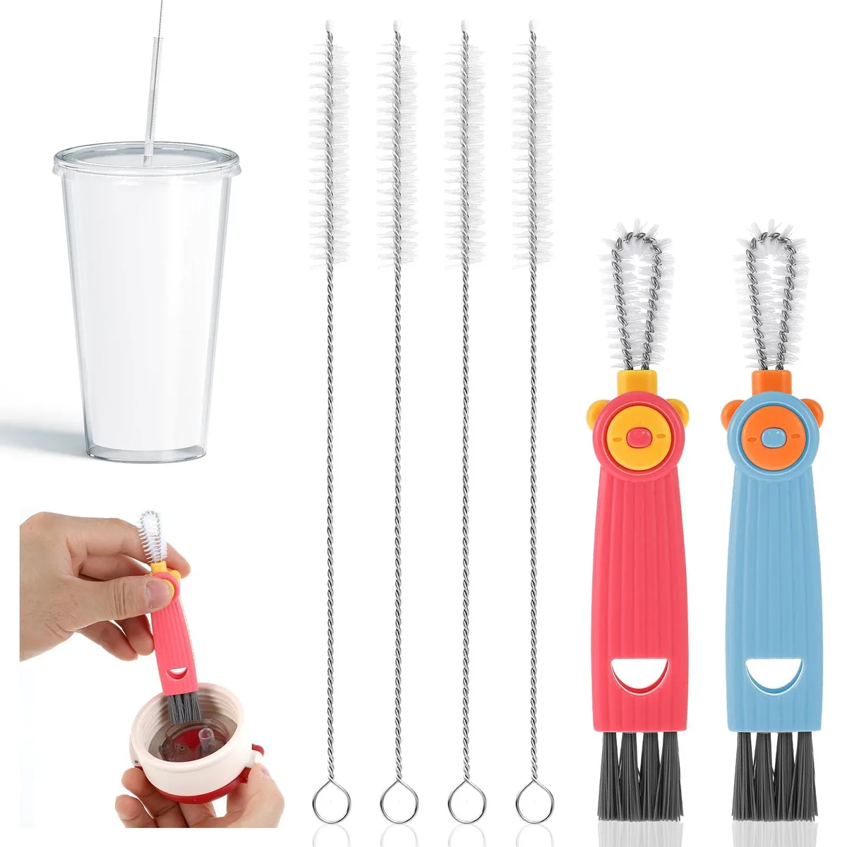  6 Pcs Straw Cleaner Brush Kit Red Blue 17cm 304 Stainless Steel Nylon — product photo