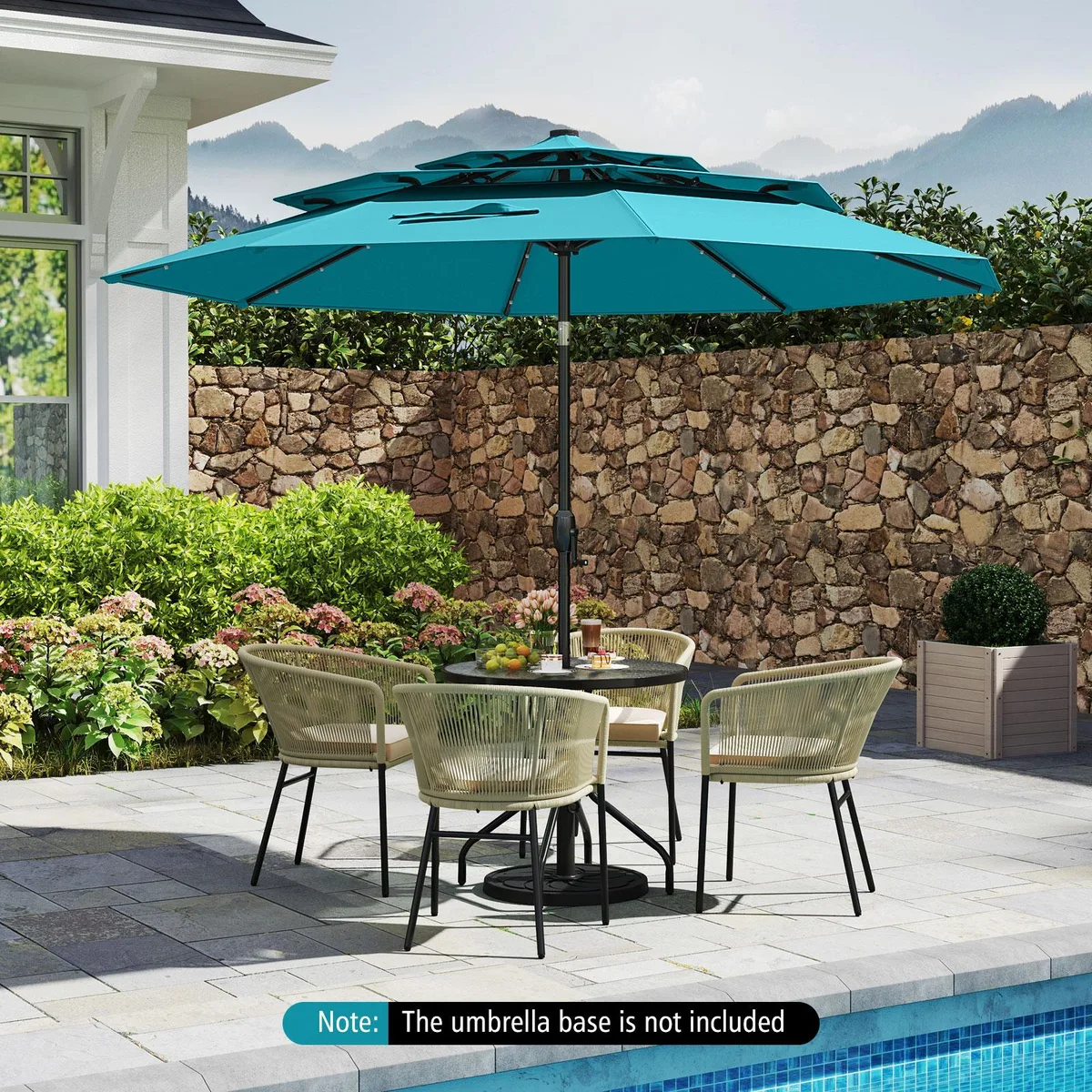 Turquoise 10 ft solar patio umbrella with 32 LED lights and vented canopy