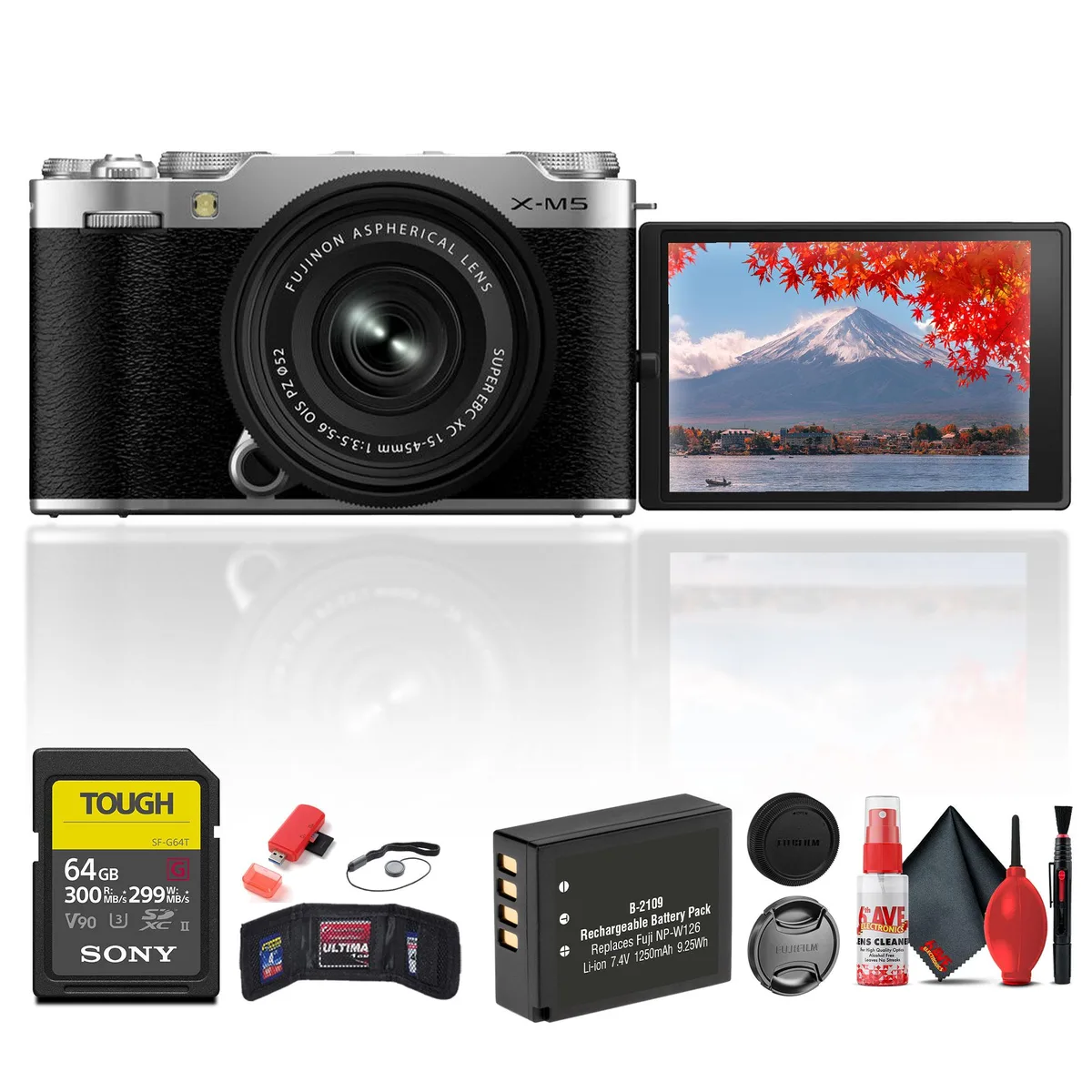 FUJIFILM FUJIFILM X-M5 Mirrorless Camera Kit 15-45mm f/3.5-5.6 Silver 64GB Bundle — product photo