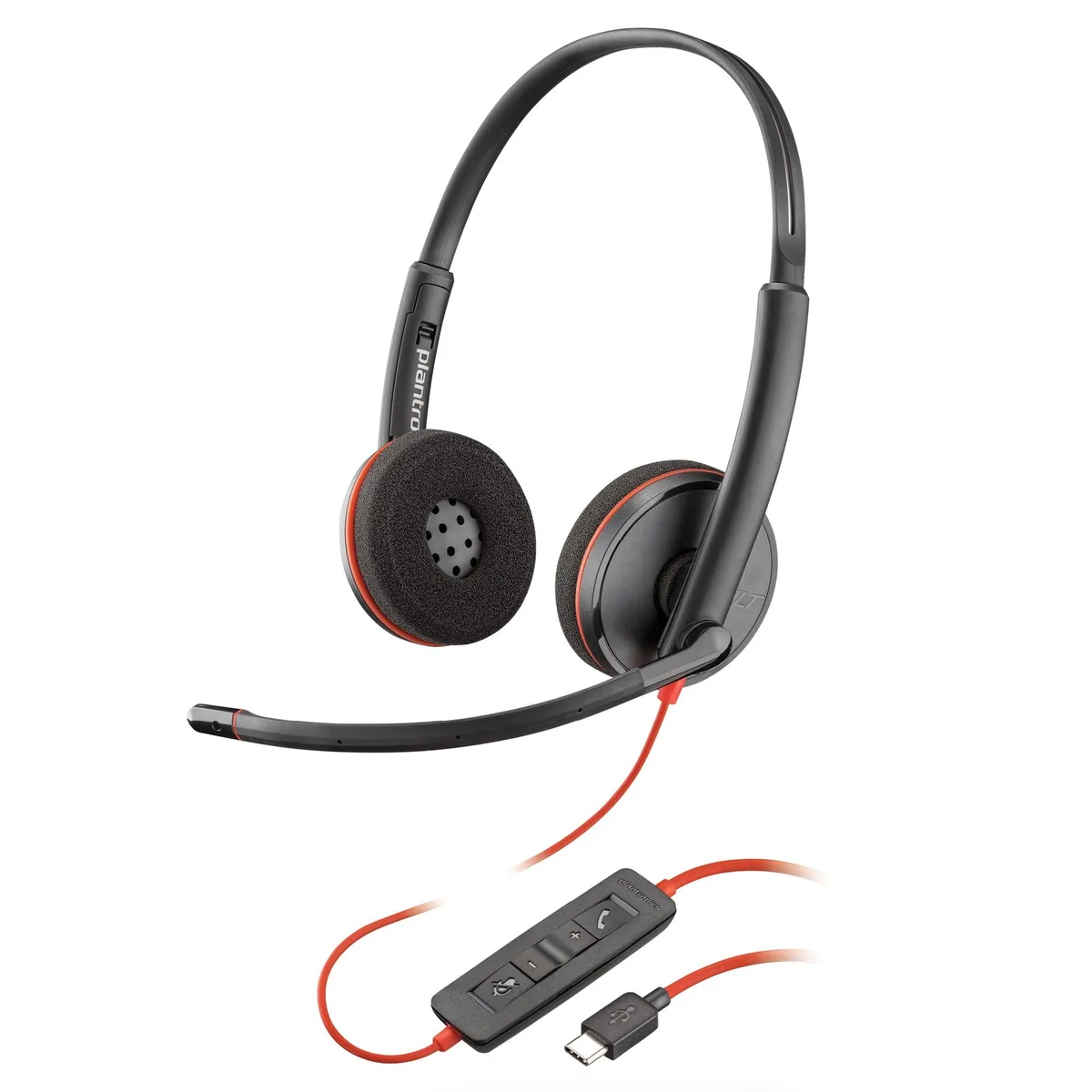 Black over-ear headset with boom mic and USB-C cable plus USB-A adapter