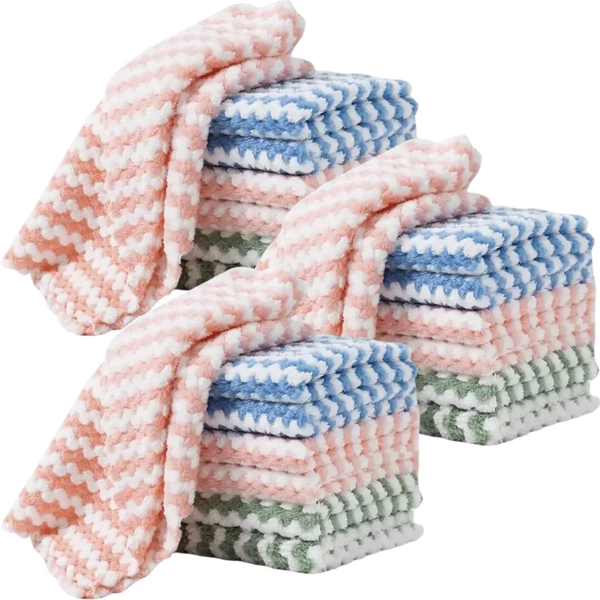 Stack of 21 blue microfiber cloths, each 10 by 10 inches, folded flat