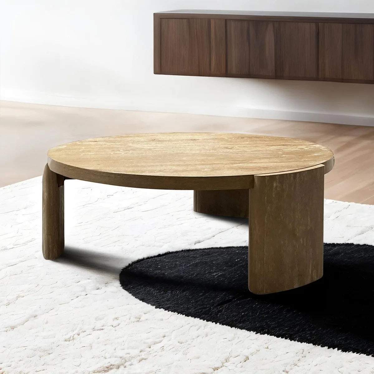 Round oak-finish coffee table on a solid plinth base