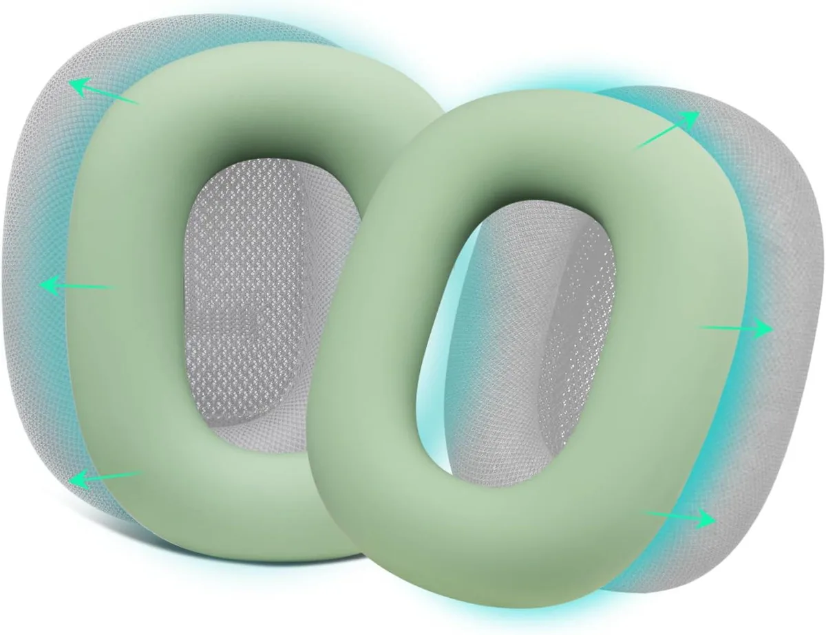 Pair of green silicone ear-pad covers shaped for AirPods Max cushions