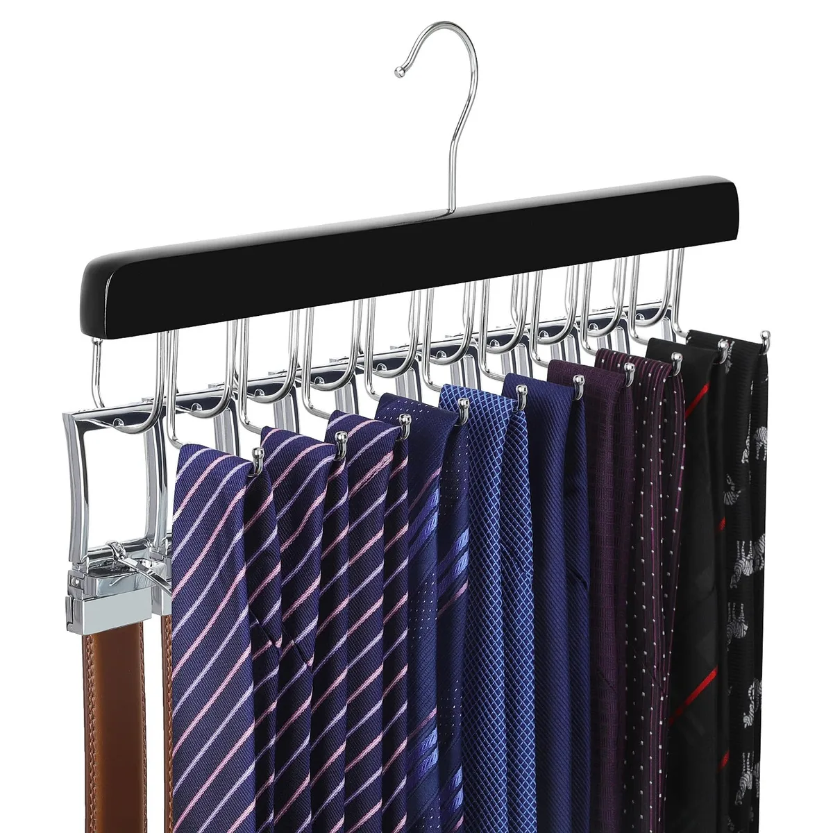 Wooden hanger with 20 hooks for belts and ties