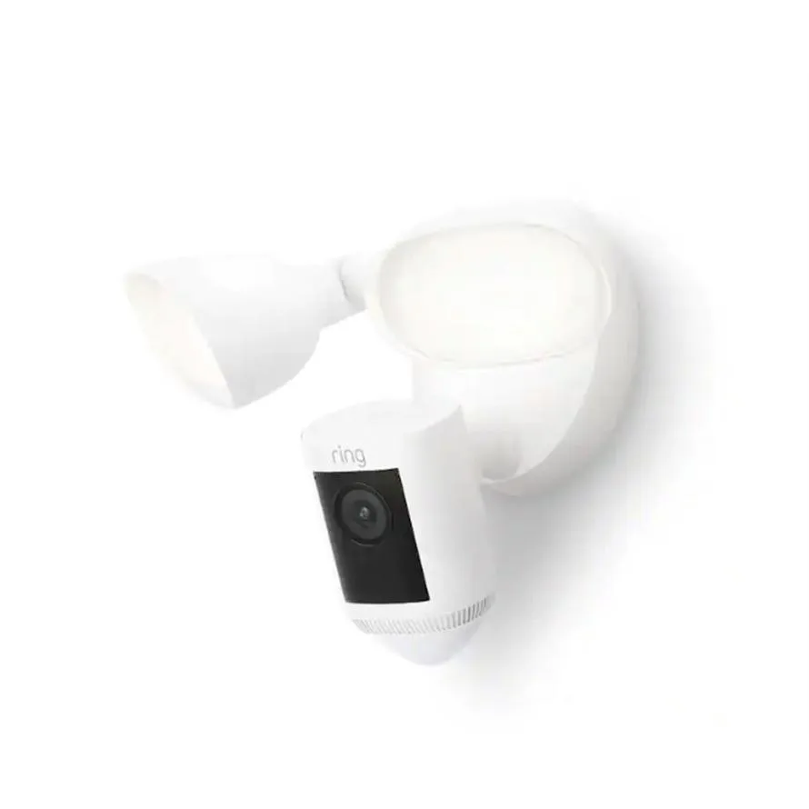 Silver wired floodlight camera with two LED panels rectangular body 11.75 by 5.7 by 2.7 inches
