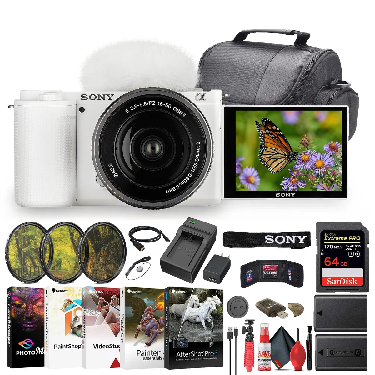 Sony Sony ZV-E10 Mirrorless Camera Kit with 16-50mm II Lens White 64GB Card Filter Bundle — product photo
