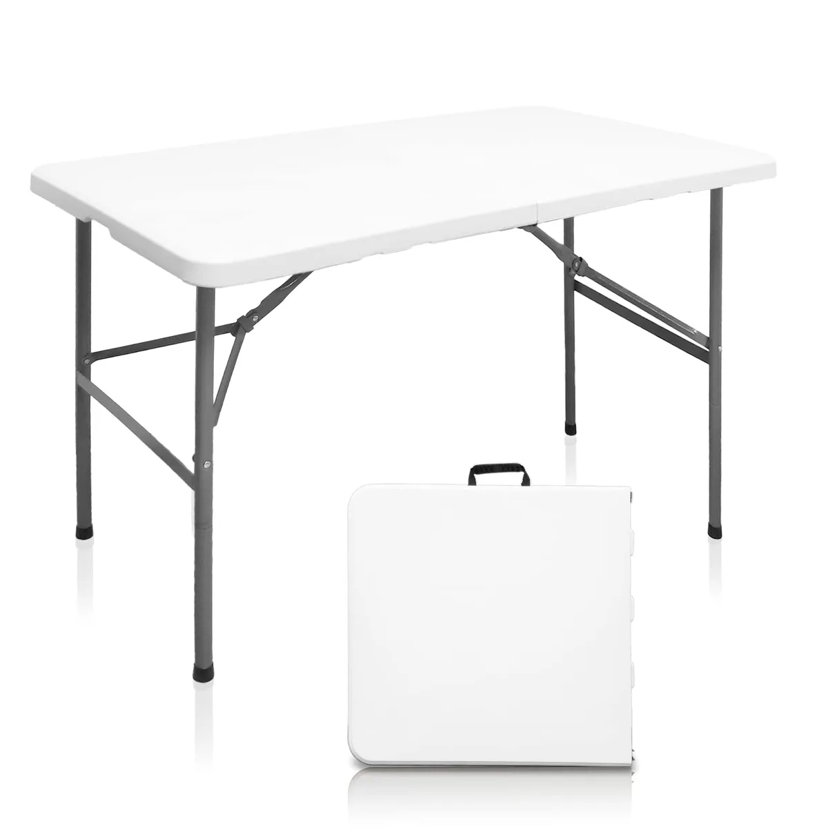 White rectangular folding table with metal legs and carry handle, shown open at 48 by 24 inches