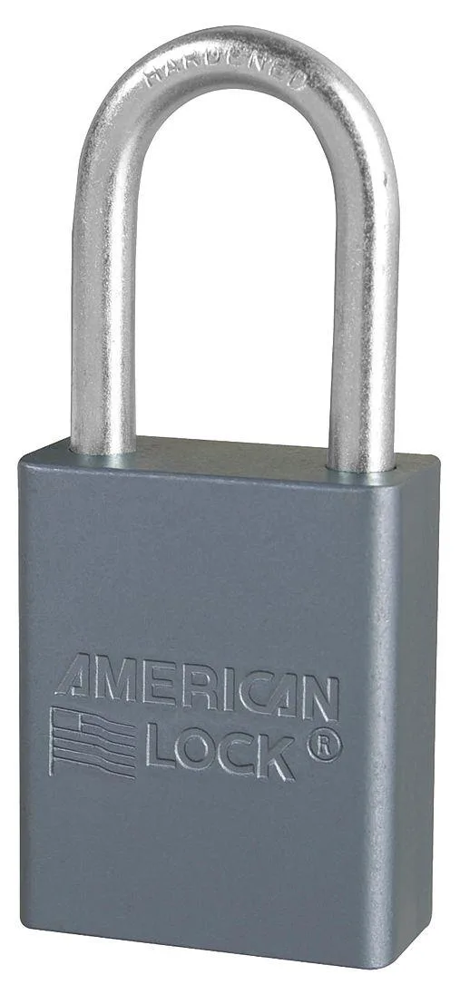 Silver rectangular aluminum padlock with long hardened steel shackle and chrome plated finish