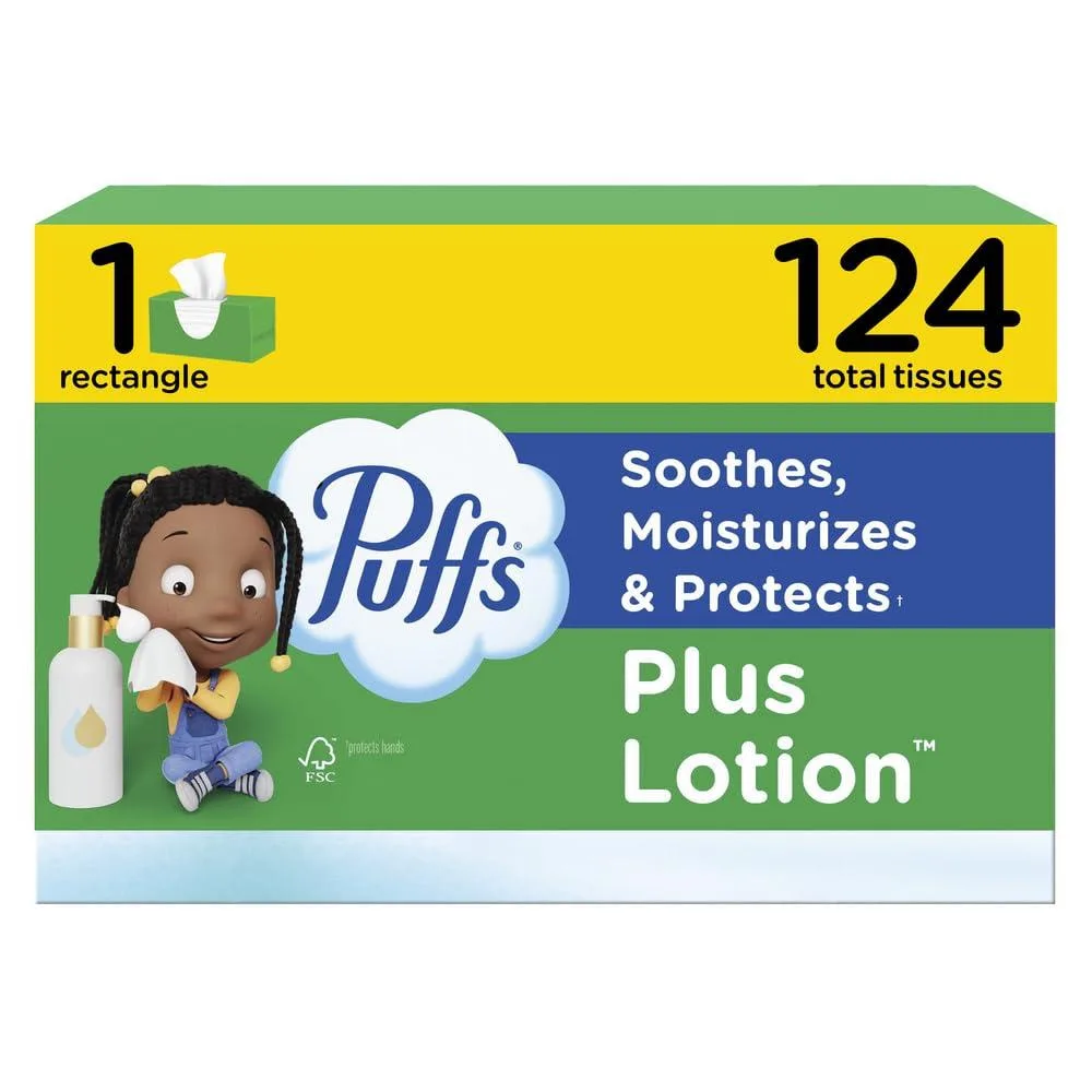 Rectangular cardboard box of Puffs Plus Lotion facial tissues, 124 count