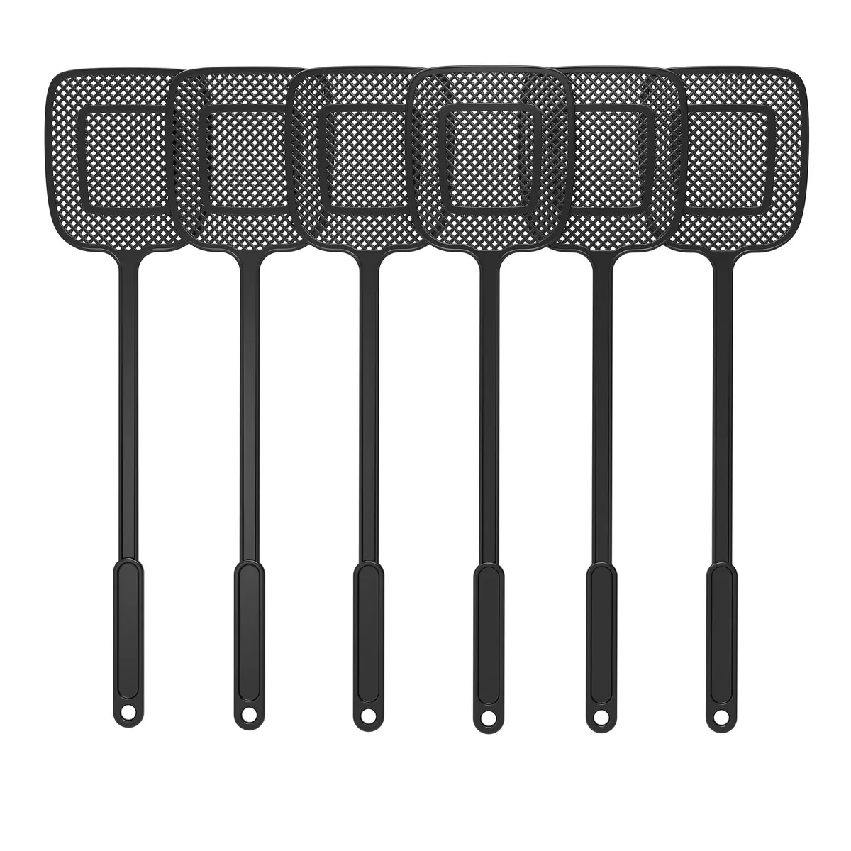 Six black plastic fly swatters with long handles and mesh heads