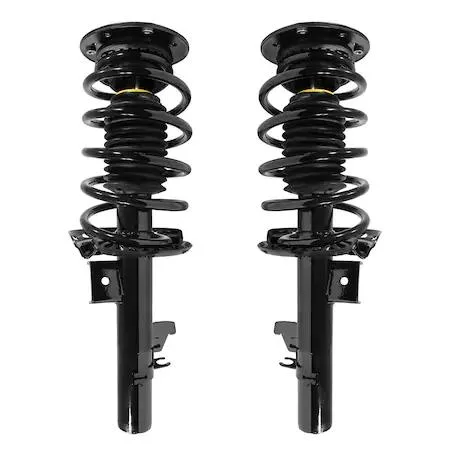 Pair of silver front strut assemblies with coil springs and top mounts