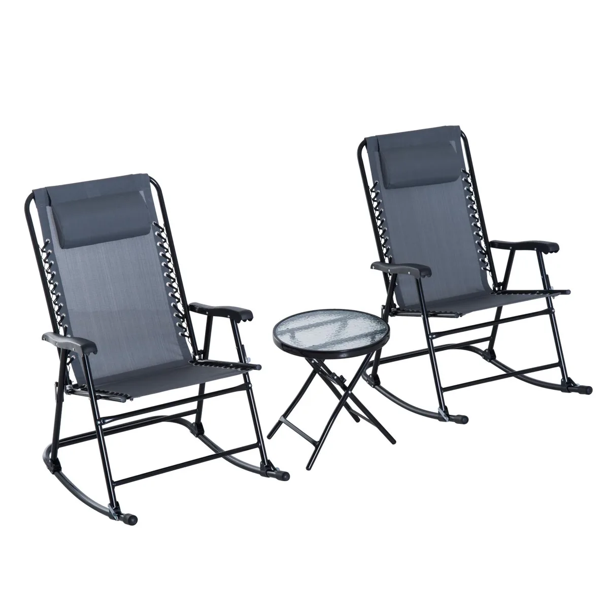 Grey fabric rocking bistro set with two folding chairs and round glass table