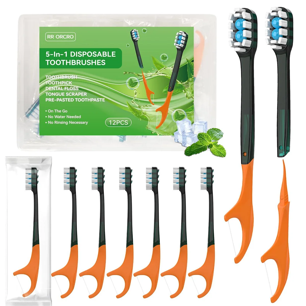 Twelve orange disposable toothbrushes in individual wrappers