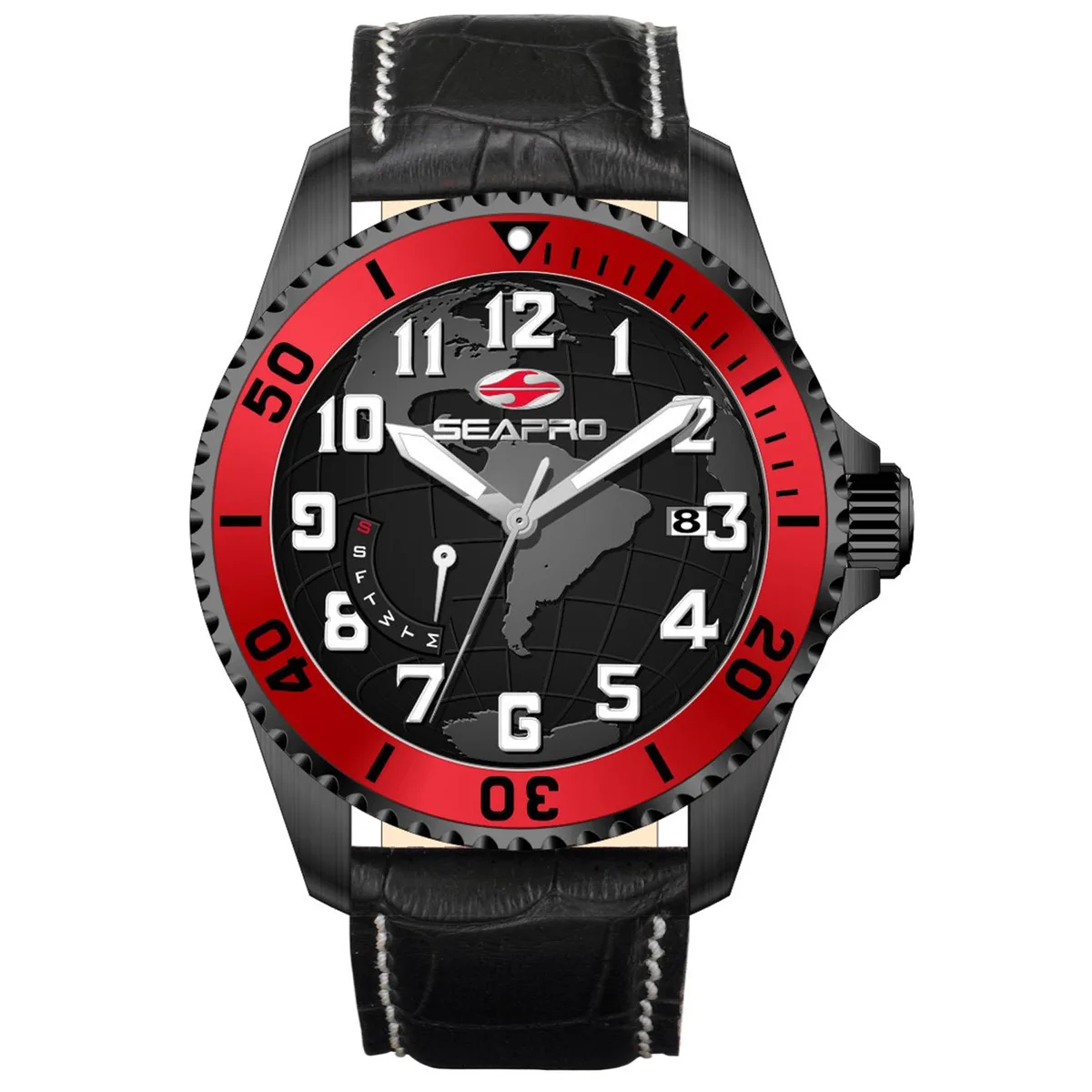 Stainless steel watch with black dial and leather strap