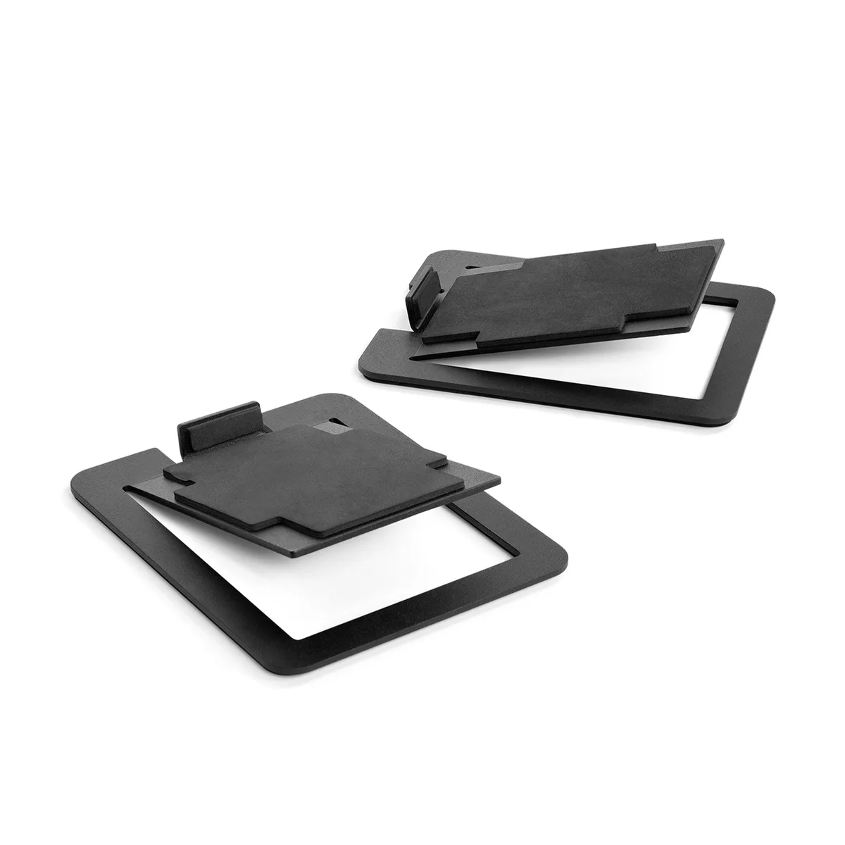 Pair of black steel desktop speaker stands with 15° upward tilt and foam padding, 17.5 by 14 cm each