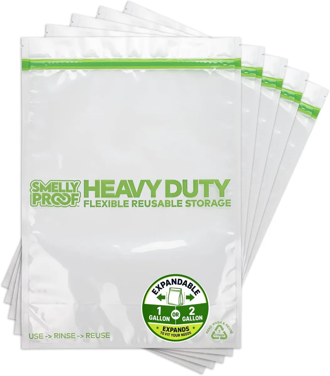 Clear stand-up food storage bag, beige reinforced poly-nylon, triple zipper, 12 by 16 inches