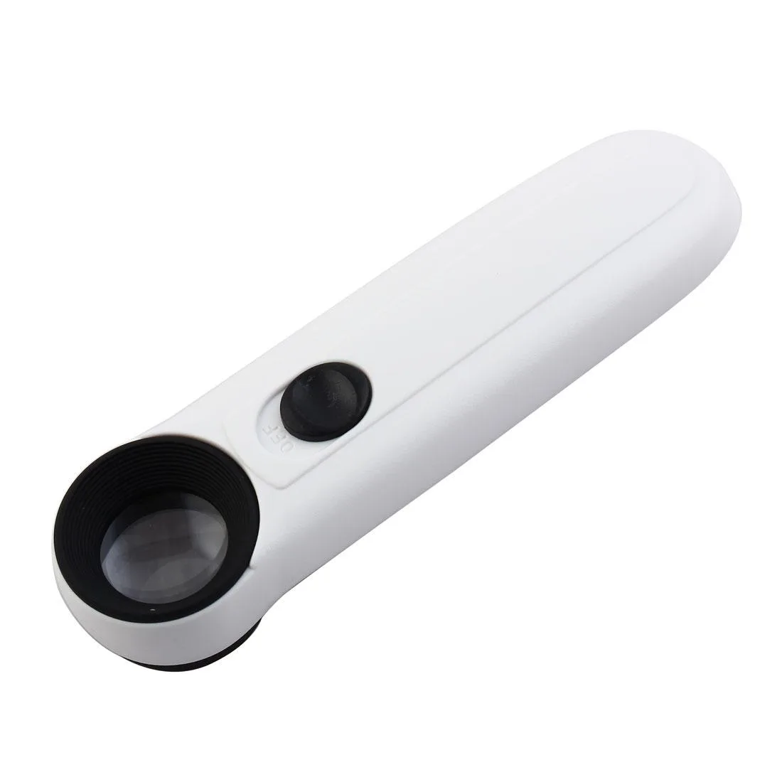 White handheld magnifier with LED lights and faux leather handle