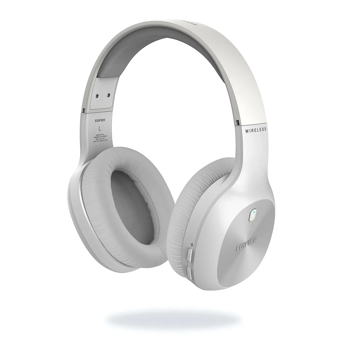 White over-ear wireless headphones with padded leather earcups and adjustable headband