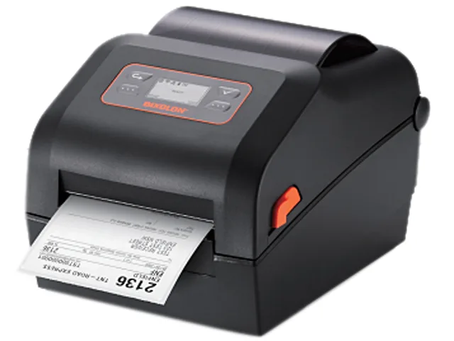 White rectangular direct thermal label printer with front media window and top control panel