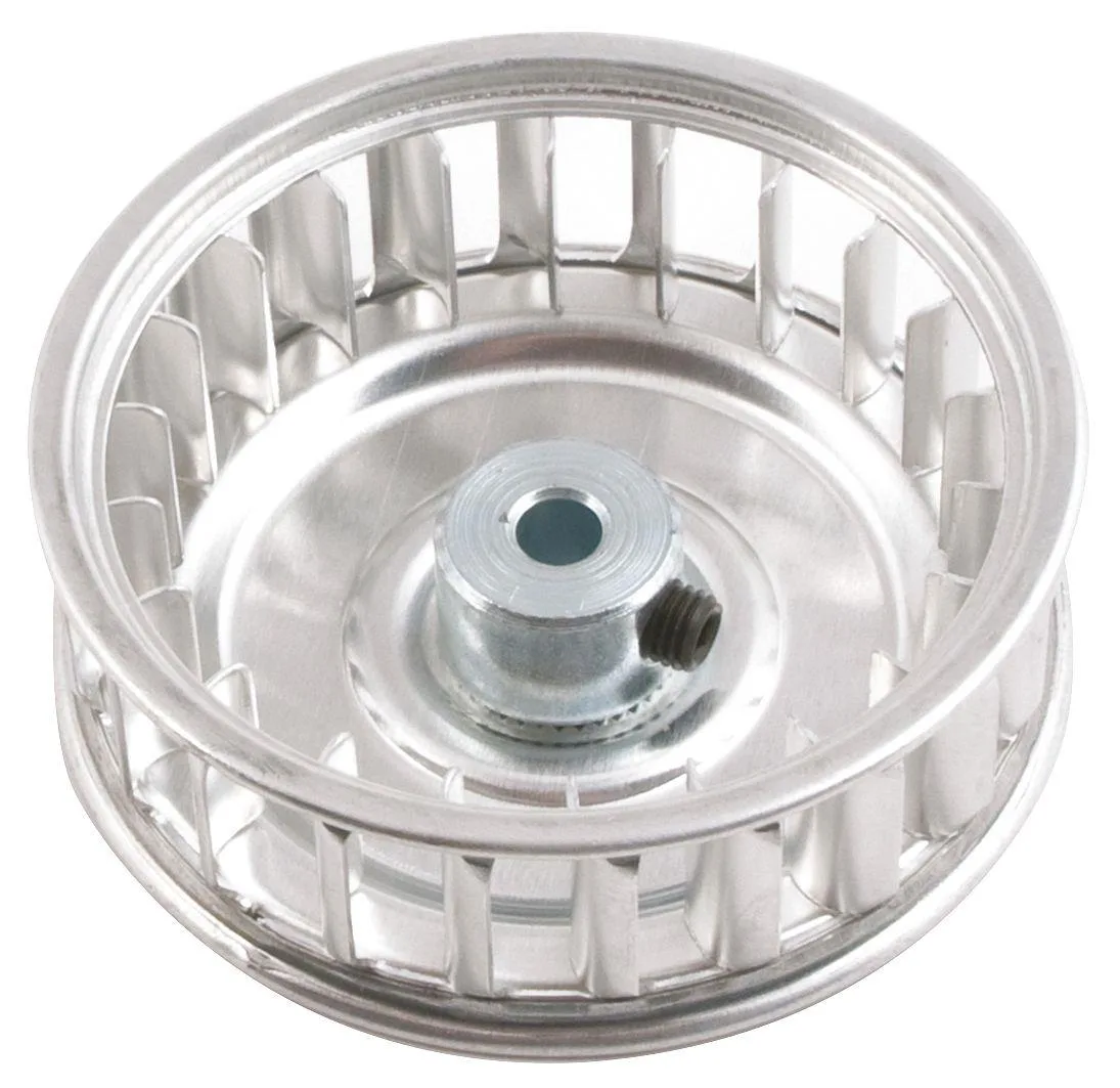 Circular metal blower wheel with curved vanes, silver finish