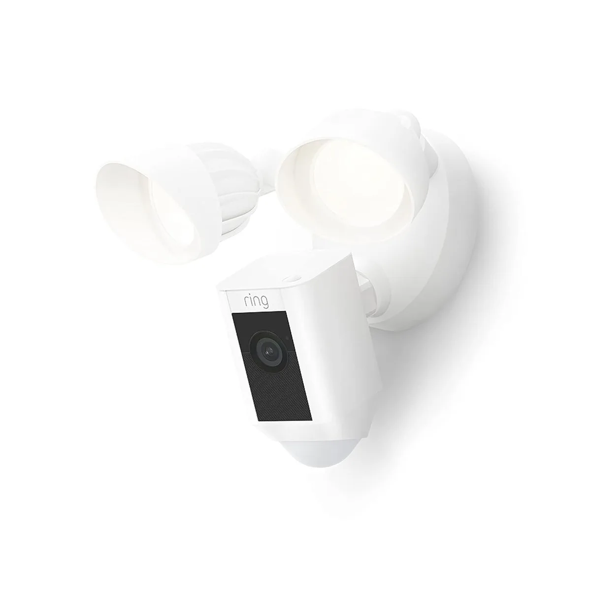 White rectangular floodlight camera with two LED panels and a central lens