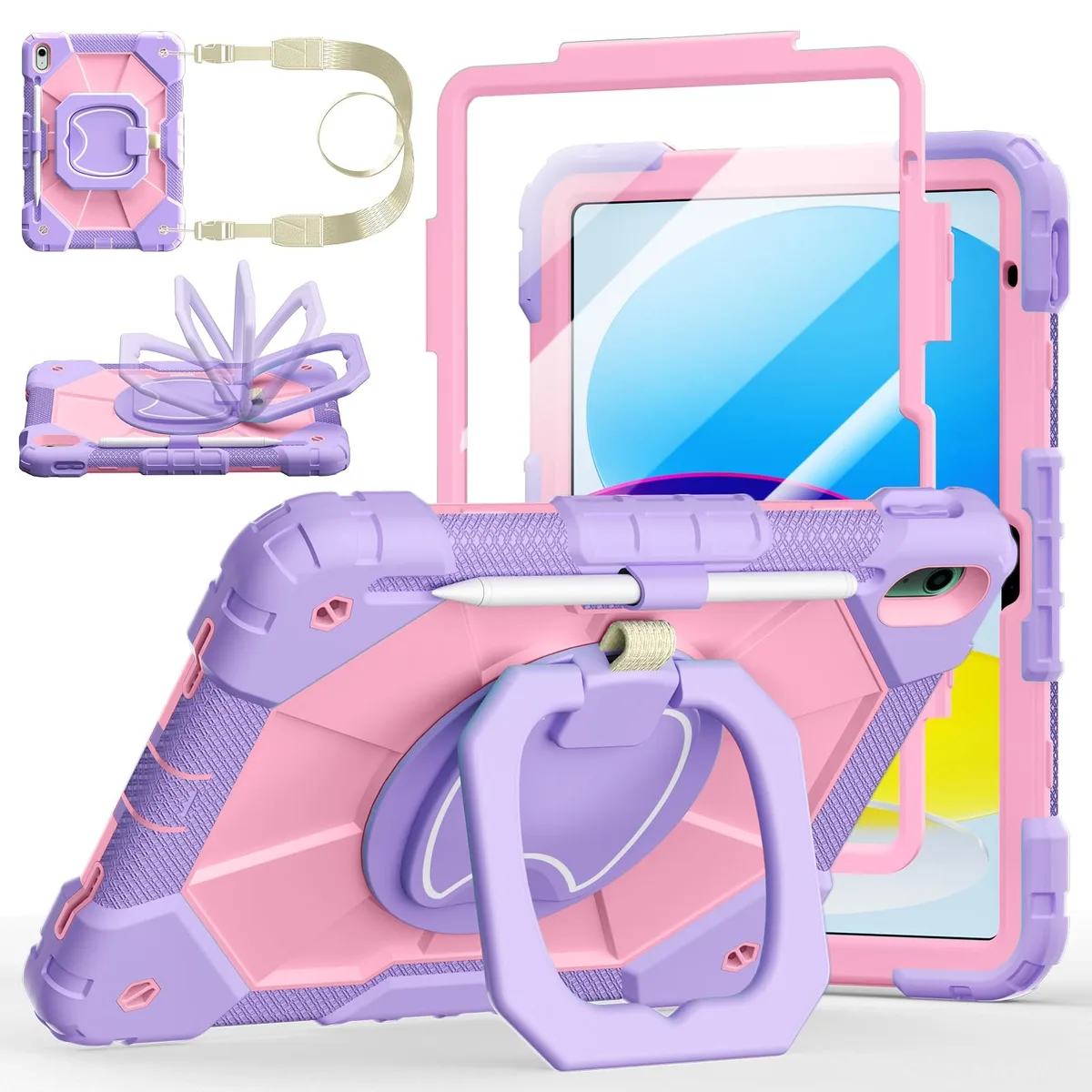  Ubearkk A3354 Case iPad A16 11 10th 10.9 2025 2022 Screen Protector Rotating Stand Strap Pencil Holder Pink — product photo