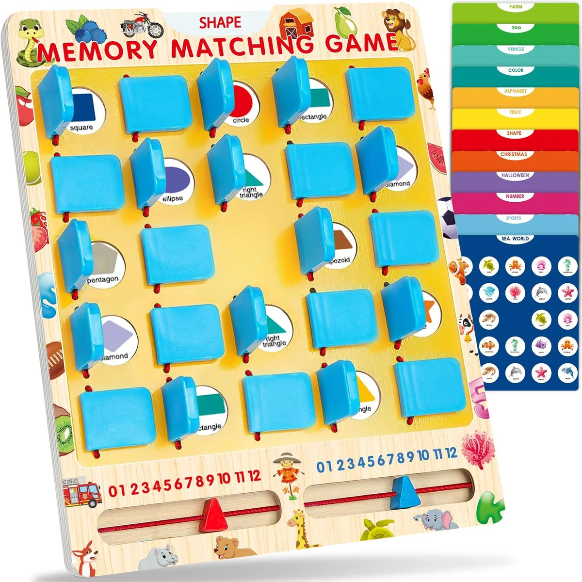 Wooden memory board with six double-sided cards showing 12 themed illustrations