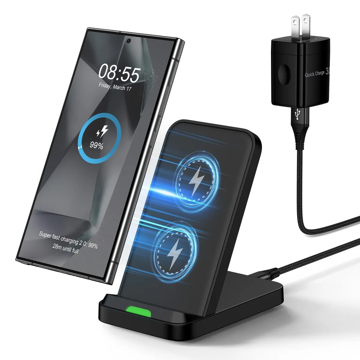 White vertical wireless charging stand with included wall adapter