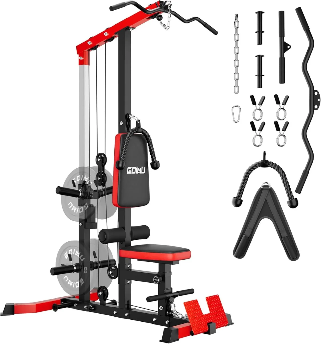 Steel frame home gym with high and low pulleys, padded seat, leg hold-down and attachments