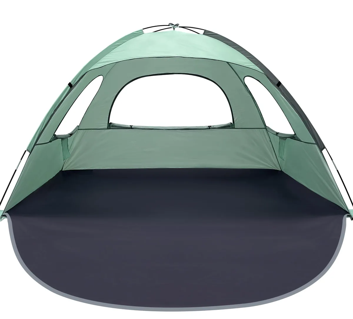 Mint green pop-up beach tent with three mesh windows and extended floor, shown folded in carry bag