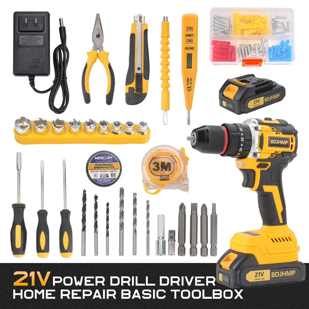 Yellow cordless drill in a case with two batteries and accessories