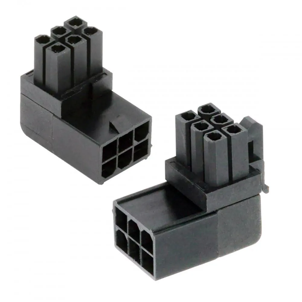 Pair of black 90-degree 6-pin GPU power adapters, one up-angled one down-angled