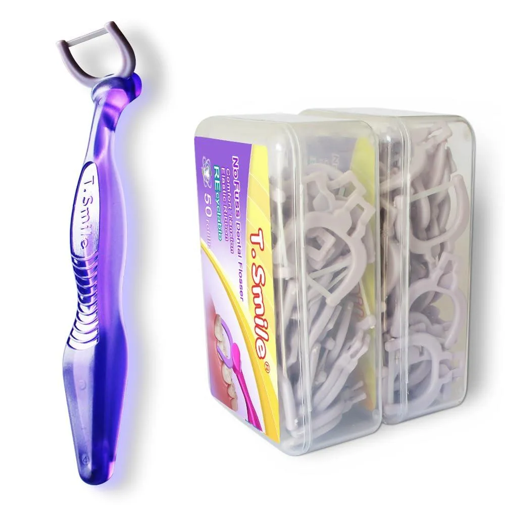 Purple handled flosser kit with 100 white refill heads
