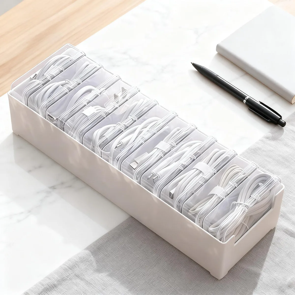 Clear plastic desktop cable organiser box with 11 grid compartments and switch, 11.8 by 3.9 by .1 inches