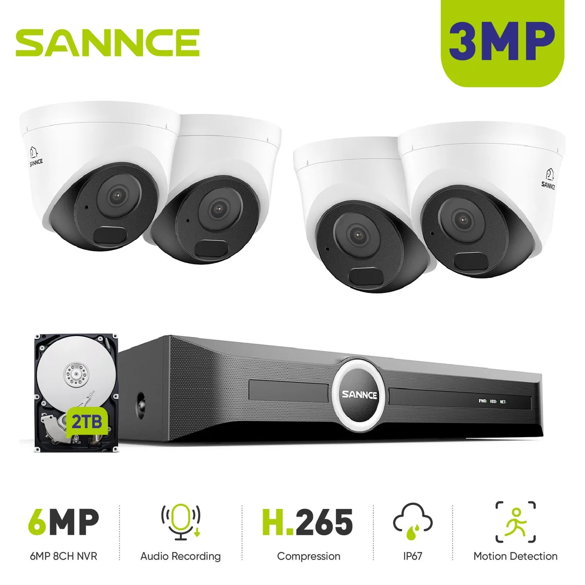 SANNCE SANNCE 3MP 8CH PoE Surveillance Security System 2TB HDD 100Ft Color Night Vision IP67 — product photo