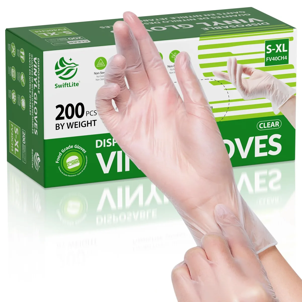 Clear disposable vinyl gloves in a box of 200