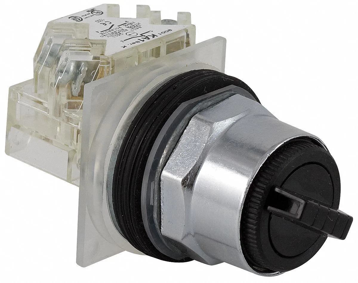 Black 30 mm selector switch with chrome bezel and lever operator
