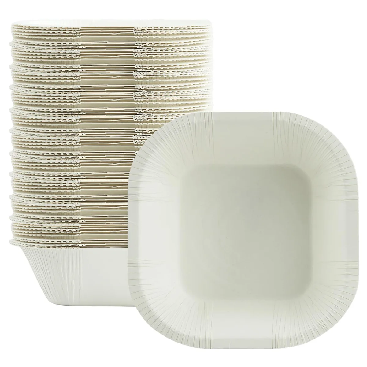 White square disposable paper bowls in a 30 pack, 16 oz each