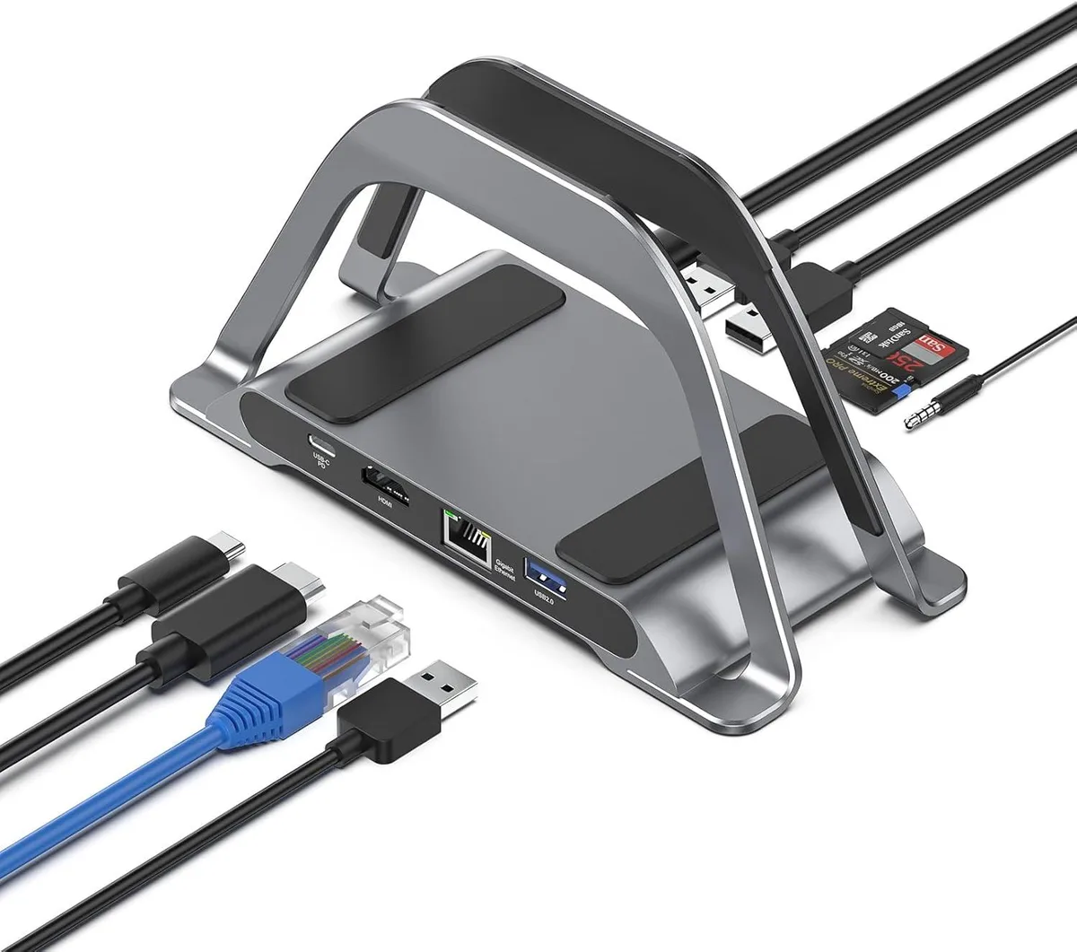 BFKK BFKK USB-C Docking Station with Vertical Stand, 4K HDMI, 3 USB, SD/TF, 100W PD, Gigabit Ethernet, Audio — product photo