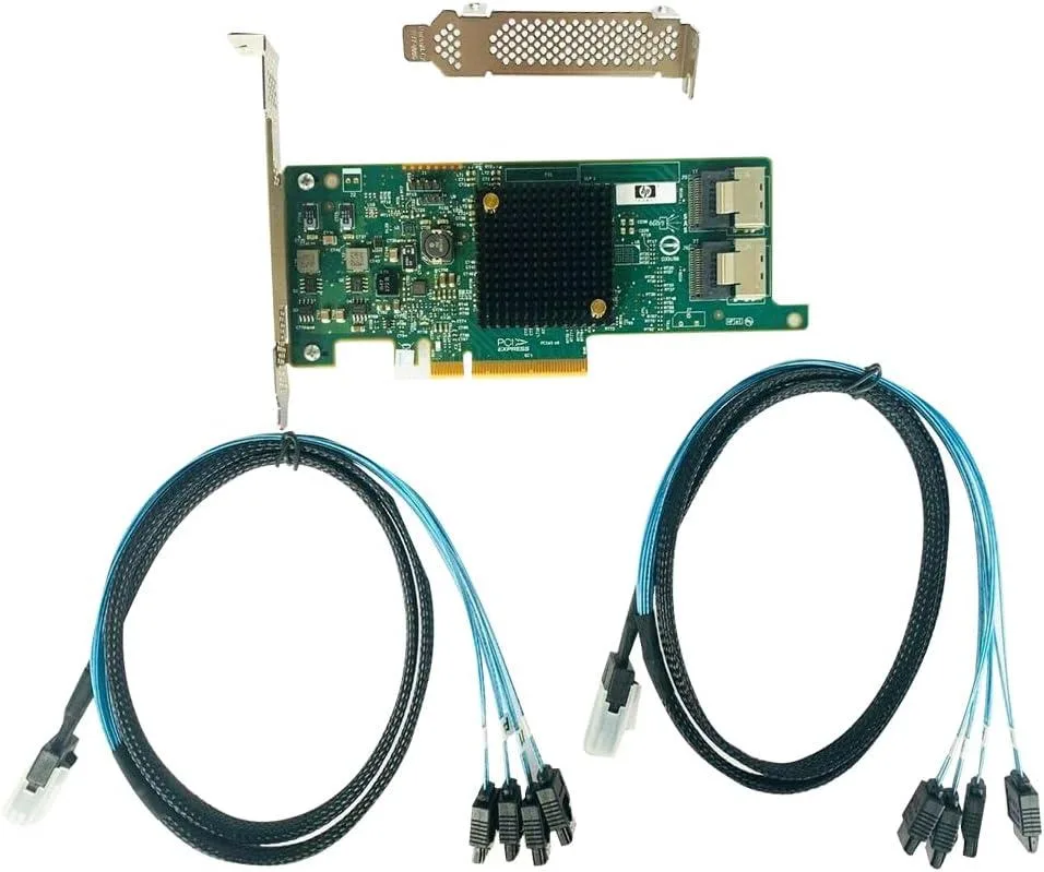 Green circuit board with two SFF-8087 ports and a PCIe edge connector