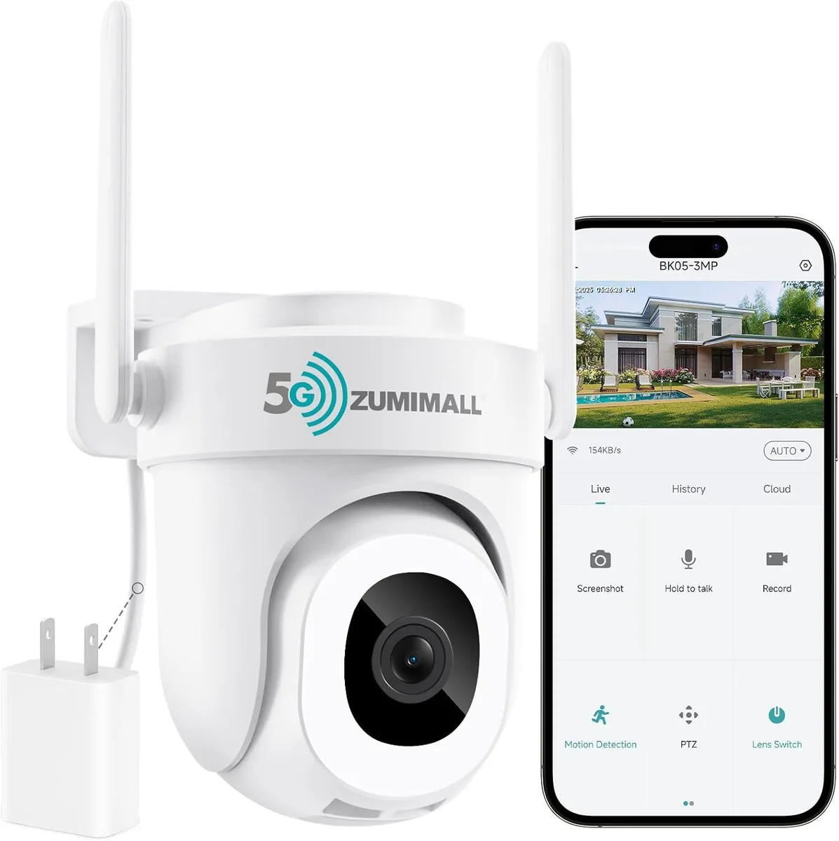 White outdoor PTZ dome camera with built-in floodlight and 3-meter power cord