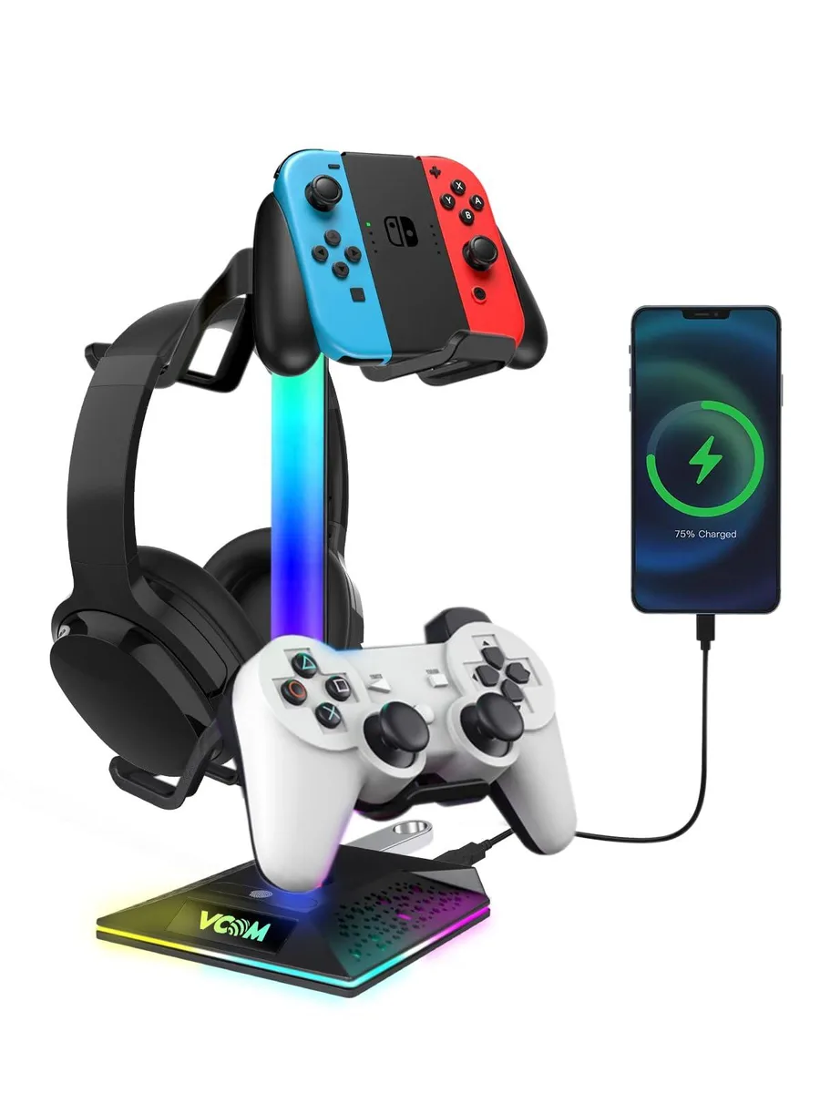 White RGB headphone stand with curved holder, light-up base and two USB ports