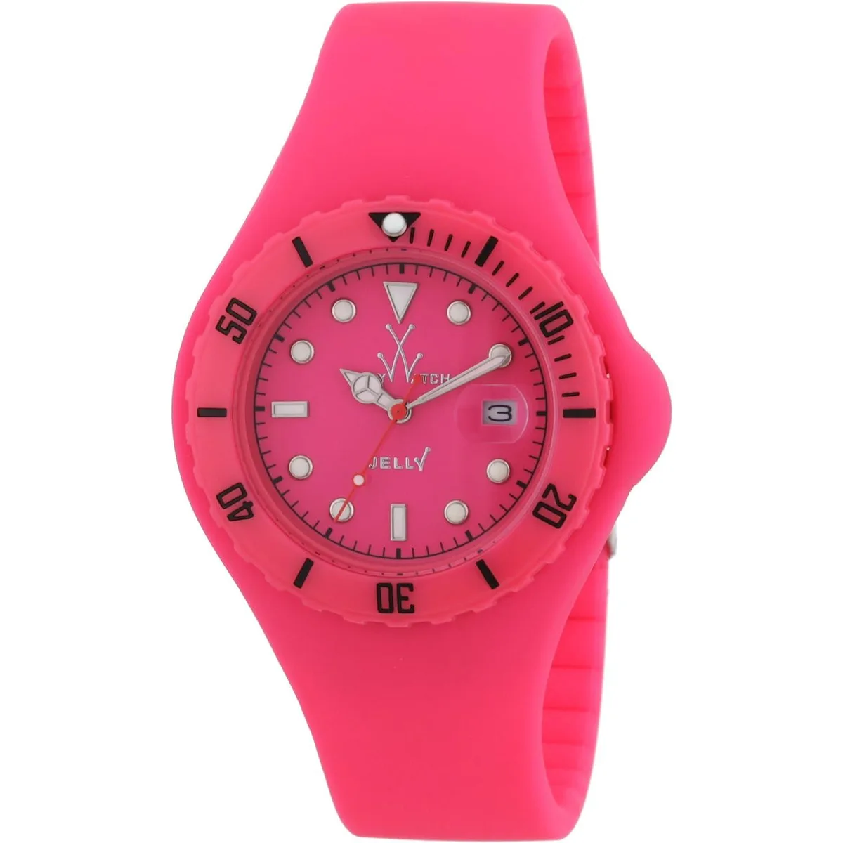 Pink plastic watch with silicone strap and stainless steel case