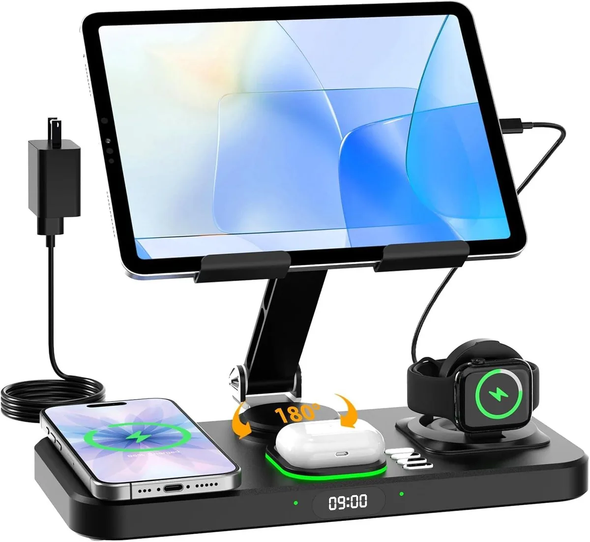 Luisport Luisport 30W Foldable Wireless Charger with Clock &amp; 7-Color Light (Black) — product photo