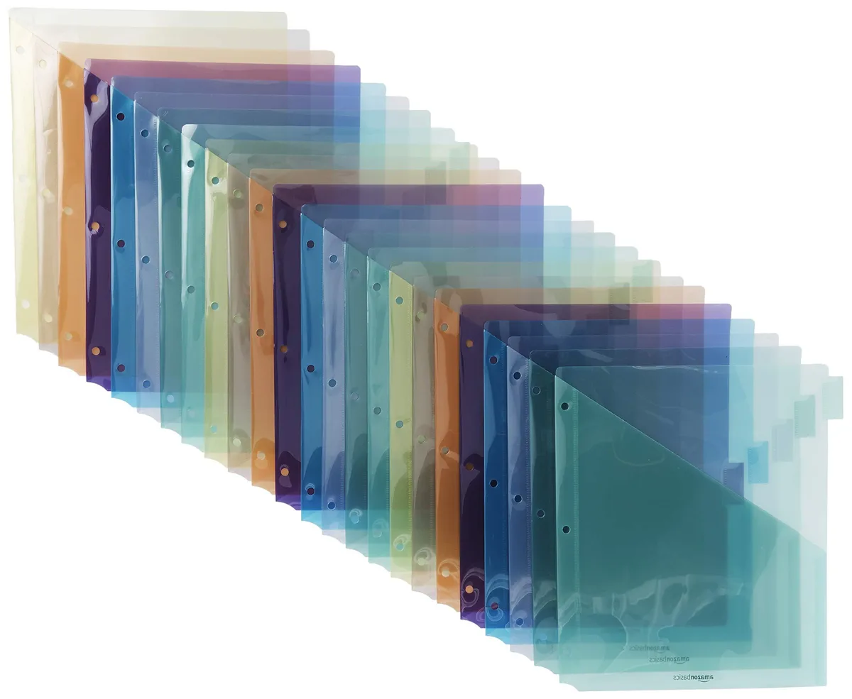 Transparent plastic tab dividers with pockets in assorted colors, 24-count set for three-ring binders