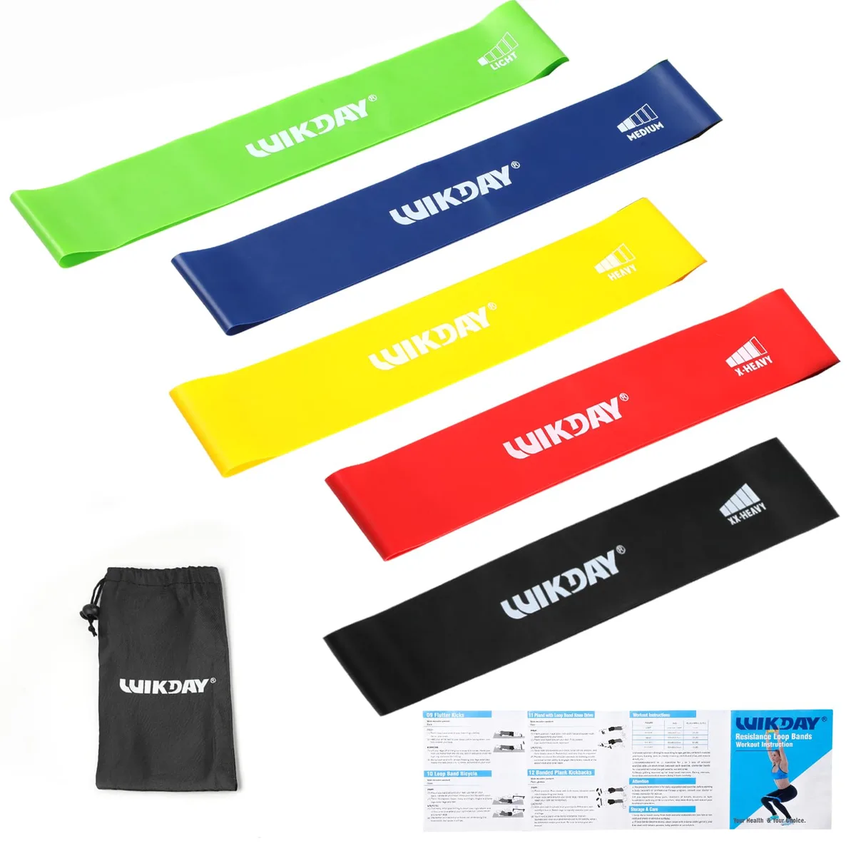 Five multicolour natural rubber loop bands, 12in by 5in by .1in, flat on surface